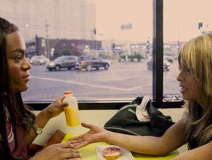 Pictured are Mya Taylor, left, who plays Alexandra, and Kitana Kiki Rodriquez, who plays Sin-Dee. Both play transgender prostitutes in "Tangerine," shot entirely on an iPhone. (Photo courtesy BAMcinemaFest.) 