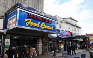 The old movie theater, now a food court, in Jackson Heights