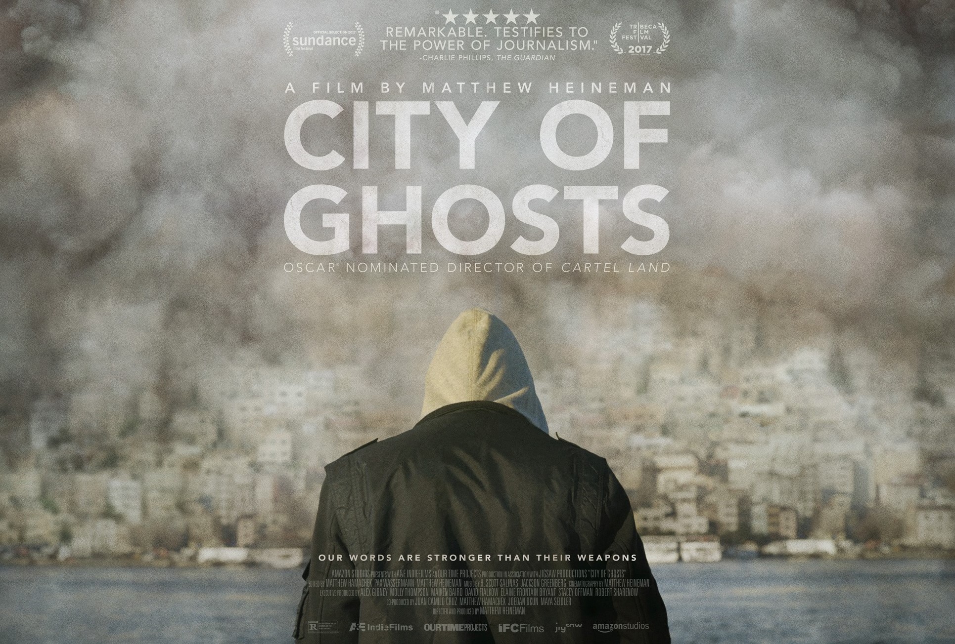 Back of a man wearing a hoodie on poster of City of Ghosts