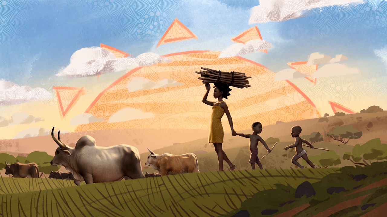 Still from Liyana: woman walking through field of grass with sun rising in the background. She has sticks on her head and is holding one child's hand while another child chases after them.
