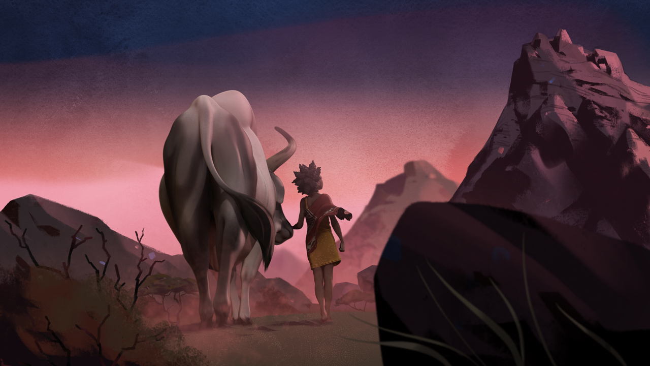 Still from Liyana: woman and animal walking through dark field