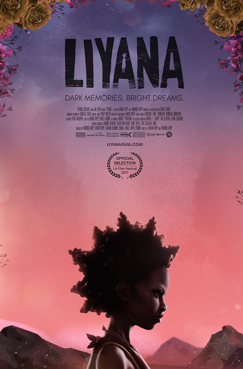Girl stands against pink-purple background with movie title LIYANA above her.