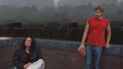 The real Tommy Wiseau (left) and Greg Sestero (right) on a rooftop in 2003's "The Room,"