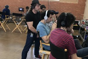 Ed Polgardy watches a take with writer/directors Alex Karpovsky and Teddy Blanks