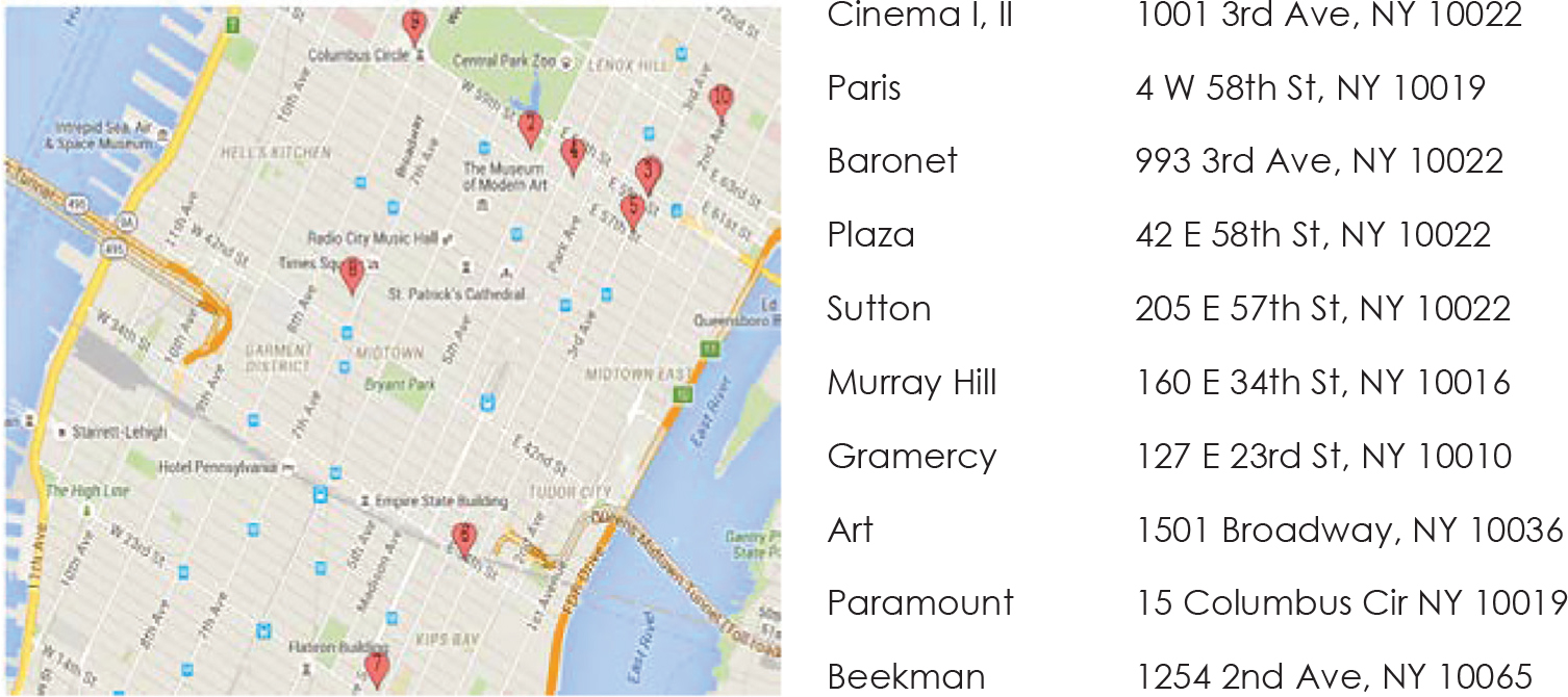 A Google Maps screenshot of Rugoff theaters of their era, in Manhattan
