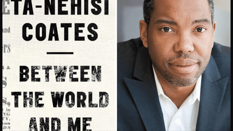 Ta-Nehisi Coates, featured in The Apollo,next to his book, Between The World And Me