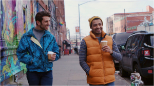 Actors Nick Park and Shaan Dasani on the street.