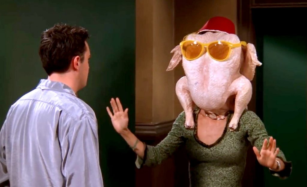 Courtney Cox with turkey on her head.