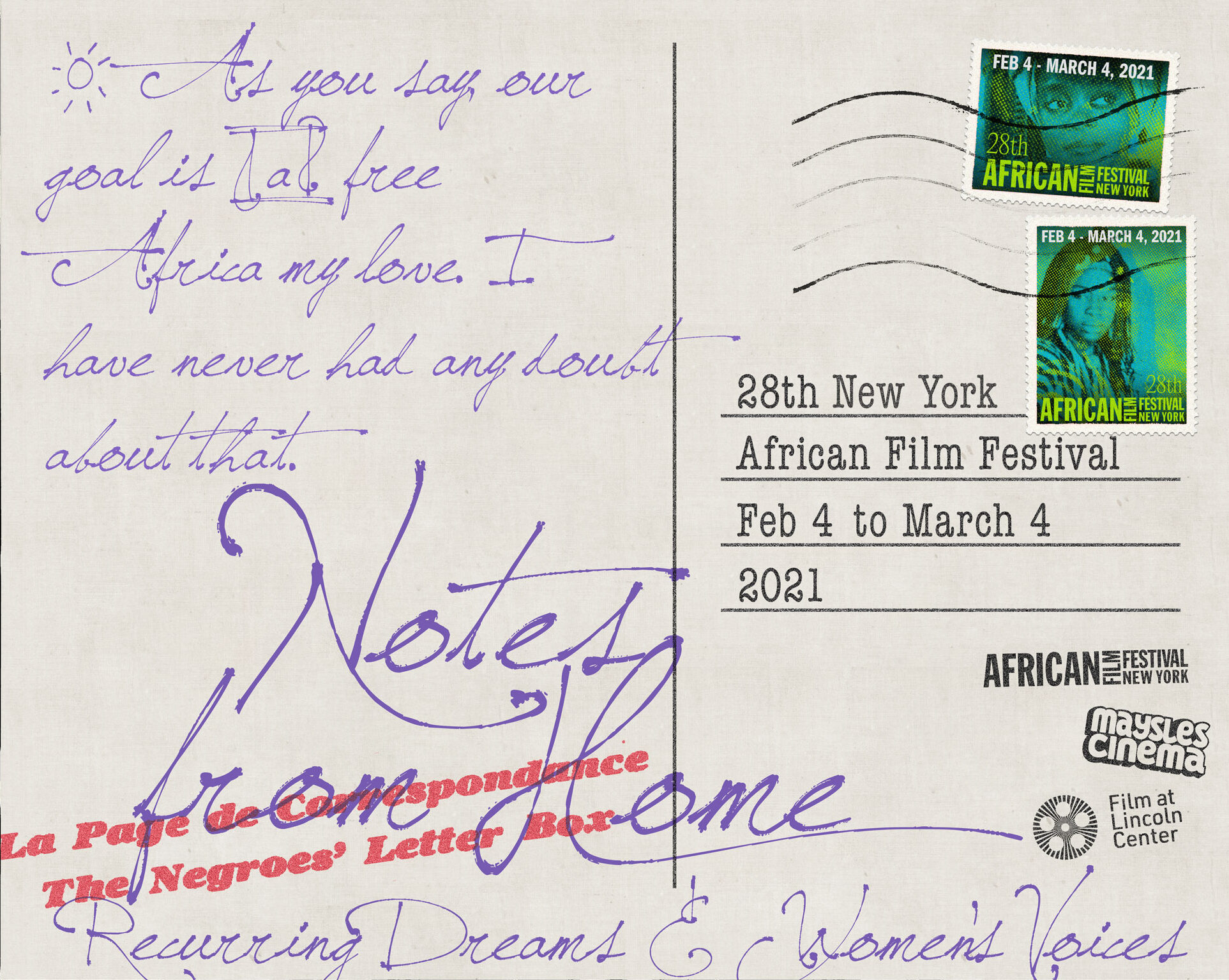 Postcard back that reads: "As you say our goal is a free Africa my love. I have never had any doubt about that. Notes from Home, La Page de Correspondance The Negroes' Letter Box