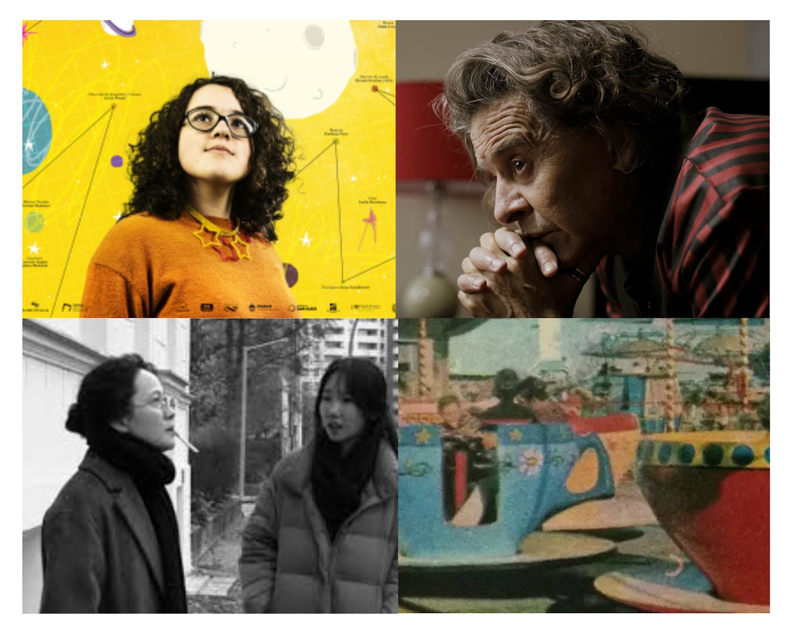 Four images that correspond with the featured films of the BAFICI. On the top left is for Clarita's Universe and shows a woman with curly hair and glasses standing in front of a diagram of space. The top right image is for Bandit and shows a man thinking with his hands folded in front of his mouth. The bottom left is for Introduction and shows two women speaking to each other. The bottom right is for Teoria Social Numerica and shows people sitting in a teacup ride at an amusement park.