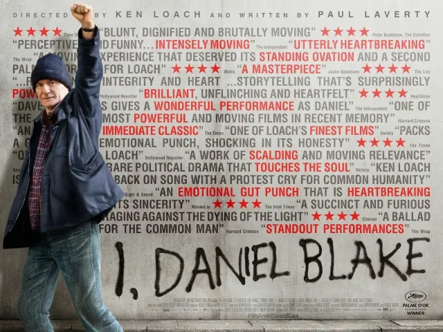 Man with raised fist in front of critical acclaim for I, Daniel Blake