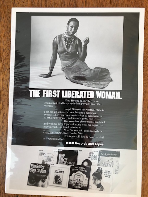 Ad with Nina Simone and caption, "the first liberated woman."