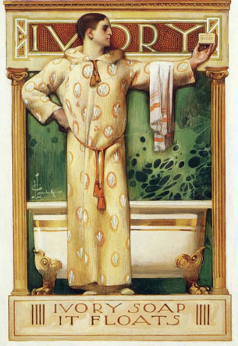 Man standing in fron of tub. Ad for Ivory soap.