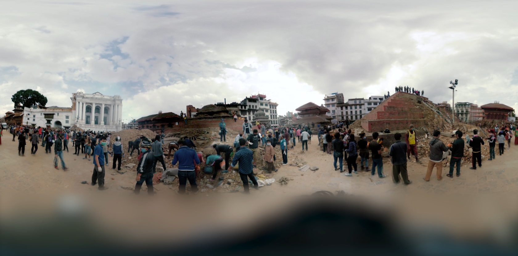 A panoramic image of people in a city from the 360-degree VR film, Vibrations.