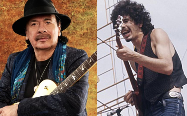 Two photos of Carlos Santana, current and from Woodstock performance