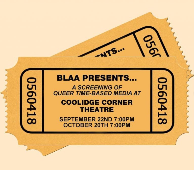 Graphic for BLAA screening at Coolidge Corner Theatre that shows tick stubs with the date information