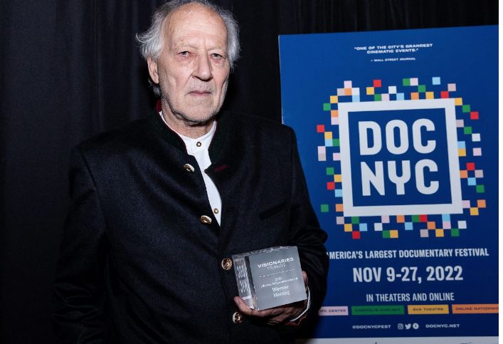 Werner Herzog with his DOC NYC Lifetime Achievement Award.