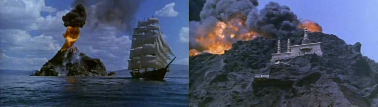 Two film stills of volcanic eruptions.