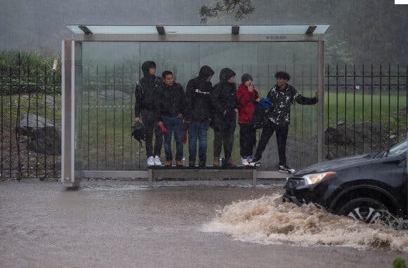 Flooding near an NYC Bus shelter bench.