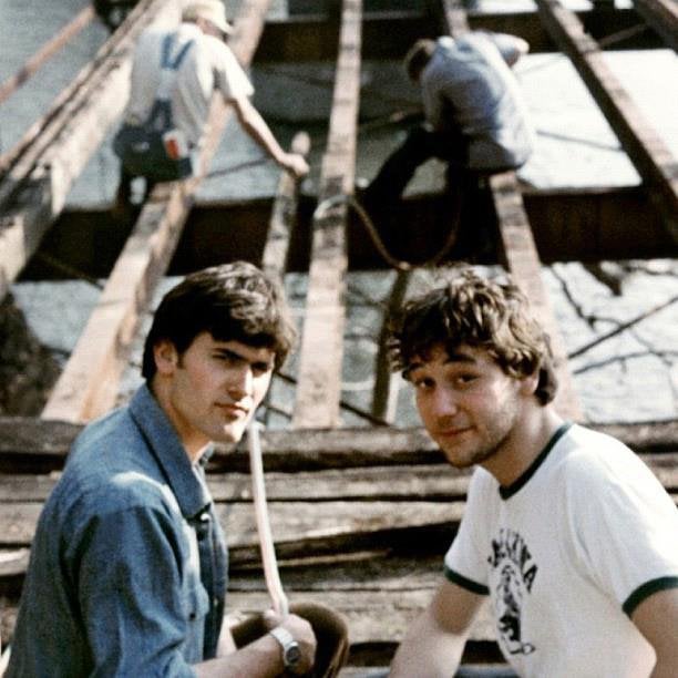 Bruce Campbell and Sam Raimi on the set of “The Evil Dead”