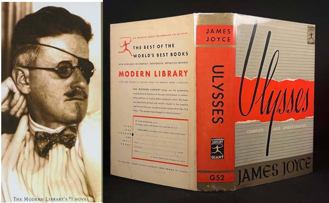 CLOSEUP OF JAMES JOYCE AND OPEN BOOK COVER OF ULYSSES