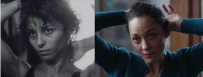 Marion Cotillard imitating Carole Achache in fixing her hair.