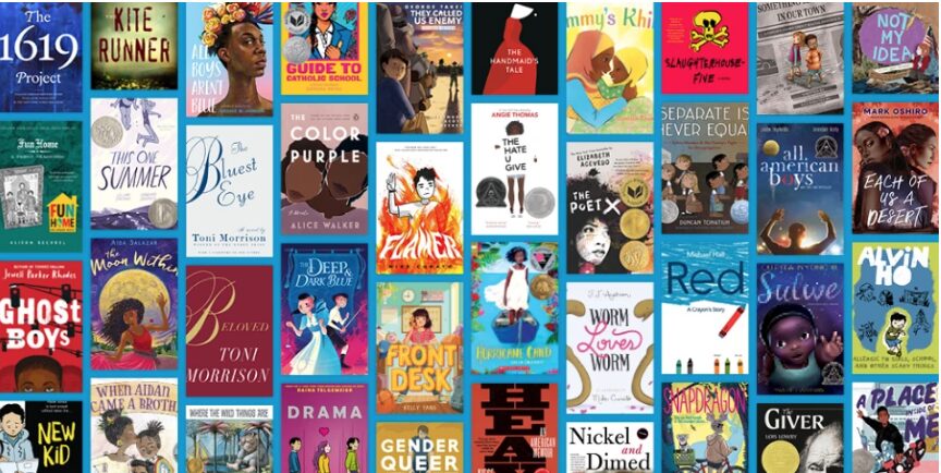 A mosaic of covers from banned books.