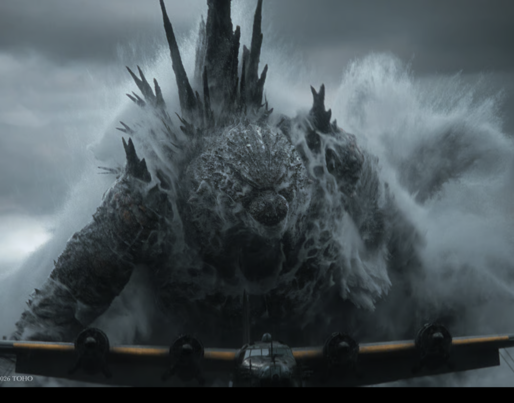The mythical Godzilla chasing an airplane.